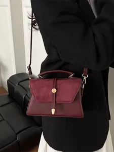 Retro Women Small Square Bag Suede Synthetic Leather Stitched Handbag Fashion Crossbody Shoulder Bag For Daily Commute