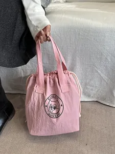 Pink waterproof nylon drawstring bucket lunch bag with fashion cartoon print