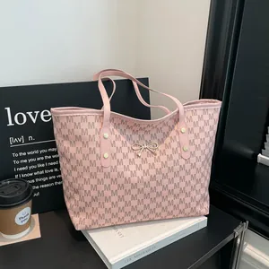 Borsa Tote da Donna in Pelle PU Retro Grande Capacità con Stampa Monogramma Borsa a Spalla con Dettaglio Fiocco in Metallo