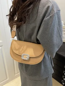 Women Lychee PU Leather Saddle Bag Rhinestone Letter Buckle Wide Woven Strap Crossbody Bag Daily Fashion Shoulder Bag