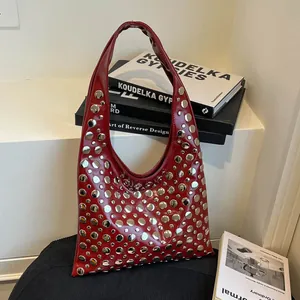 Hobo Bag PU Leather Silver Metal Studded Underarm Shoulder Bag Fashion Punk Rock Cool Streetwear Women Handbag Accessory