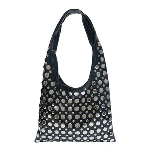 Fashion punk black rivet hobo shoulder bag with silver metallic dots for women