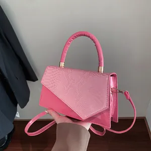 Pink gradient embossed leather square handbag with top handle and crossbody strap for women