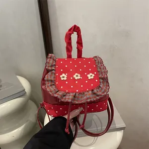 Mini sac à dos rouge à pois avec volants et fleurs tricotées pour femmes et filles