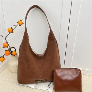 Fashion Faux Suede Tote Bag For Women Large Capacity Minimalist PU Leather Hobo Shoulder Bag Set For Daily Commute Work