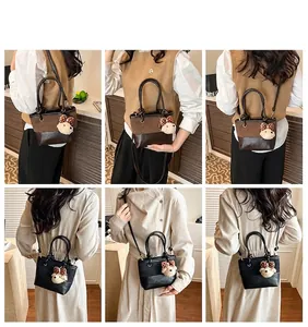 Lifestyle shots showing the contrast texture and bear charm detail on women's tote bags