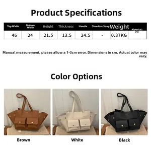 Guide des tailles pour sac cabas en PU avec dimensions et coloris noir marron et blanc