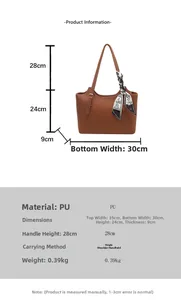 Detailed size chart showing dimensions for a vintage PU leather tote with silk scarf