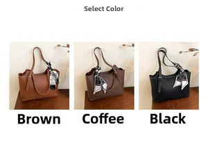 Detailed comparison of brown, coffee, and black leather tote bags with silk scarf accents