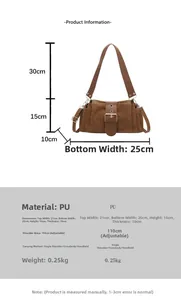 Detailed size chart for retro brown PU baguette bag with measurements and dimensions