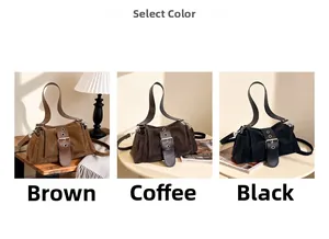 Three color variants of retro pleated baguette bags with decorative belt buckles