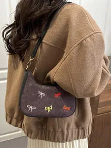 Sac Hobo en Suède Vintage pour Femme Style Coréen Broderie Nœud Coloré Sac à Main Demi-Lune Petit Sac Sous le Bras