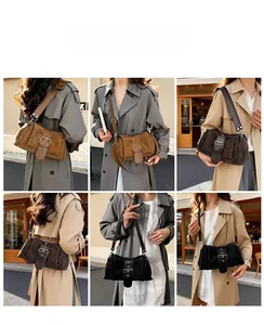 Outdoor lifestyle collage showing a retro suede baguette bag with metal buckle and wide strap