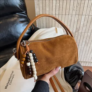 Women's Retro Suede Cylinder Shoulder Bag With Wooden Beads Tassel Casual Underarm Bag Vintage Frosted Pillow Purse Handbag