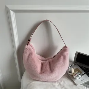Sac Hobo en Peluche pour Femmes Sac à Bandoulière en Fausse Fourrure Douce Décontracté Quotidien Automne Hiver Couleur Unie