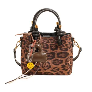 Retro leopard print suede tote bag with heart charm and smile keychain for women