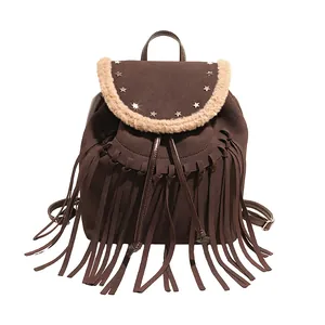 Sac à dos bohème marron foncé avec étoiles argentées et franges pour femme