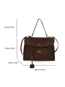Detailed size guide of brown suede tote bag with dual gold locks and strap measurements