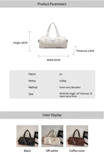 Detailed size chart and specifications for the large PU leather travel duffel bag