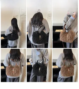 Detailed model views of plush bucket bags with metal locks in black and brown faux fur