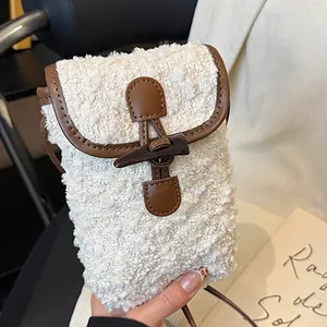 Vintage Plush Lambswool Tweed Crossbody Bag With Toggle Closure Retro Small Shoulder Phone Bag For Women Casual Daily Use