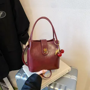 Vintage PU Leather Bucket Bag For Women Retro Glossy Handbag With Cherry Pendant Shoulder Crossbody Bag Fashion Tote Bag