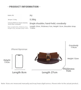 Detailed size chart of vintage brown PU underarm bag showing dimensions and phone comparison