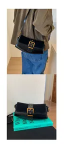 Detail of black underarm bag featuring glossy leather, suede patches, and a gold square buckle