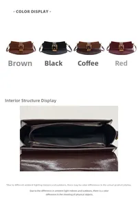 Detail view of multi-color shoulder bags with dual compartments and gold buckle