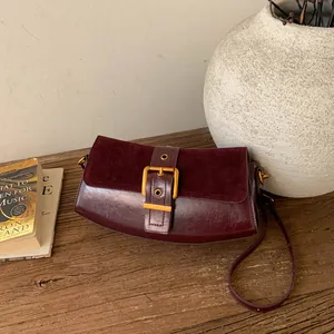 Women Vintage PU Suede Stitching Underarm Bag Large Gold Buckle Flap Baguette Shoulder Bag Minimalist Daily Commute Purse
