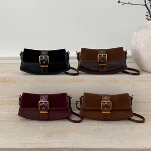 Vintage baguette shoulder bags in black, coffee, burgundy and tan with gold buckles