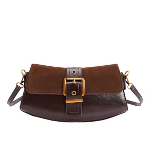 Vintage dark brown crossbody bag with suede-leather splicing and gold metal buckle