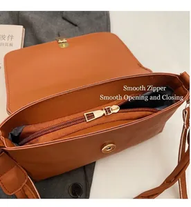 Détail de la fermeture éclair dorée et du fermoir magnétique du sac rétro en cuir brun