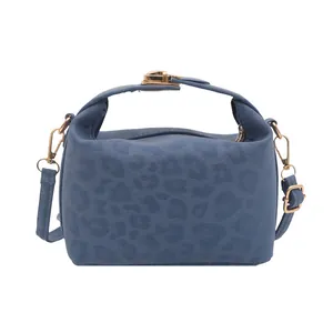 Blue leopard print tote bag with gold hardware and pillow shape for women