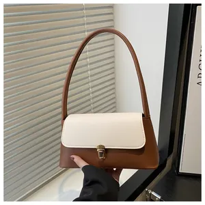 Dettaglio della borsa sottobraccio vintage marrone e bianca con fibbia in metallo dorato