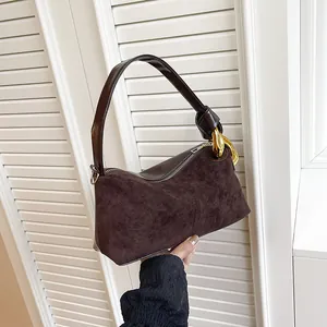 Retro Suede Patchwork Baguette Bag For Women Vintage Gold Metal Buckle Shoulder Bag Crossbody Handbag Elegant Chic Purse