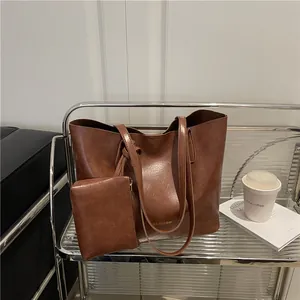 Women Large Capacity PU Leather Tote Bag And Mini Pouch Korean Style Simple Shoulder Bag Commuter Office Handbag Black Brown Coffee