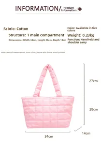 Pink quilted tote bag dimensions 34x28x14cm with 27cm handle height for shoulder use