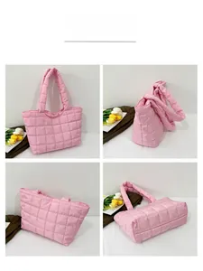 Detailed four-way views of pink quilted tote bag with soft fabric and grid stitching pattern