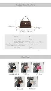 Detail view of mini crocodile pattern handbag with dimensions and color options