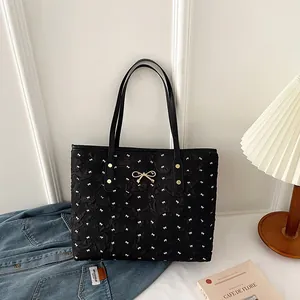 Sac Cabas Femme Mode avec Imprimé Nœud Grande Capacité Texture Froissée Sac à Main Épaule Polyvalent pour le Shopping