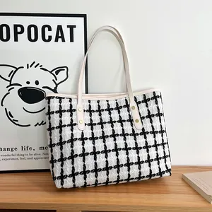 Γυναικεία Μόδα Tweed Πιέ ντε πουλ Τσάντα Tote Μεγάλη Χωρητικότητα Καρό Τσάντα Ώμου Κλασική Μάλλινη Τσάντα Χειρός Με Λουριά από Δέρμα PU