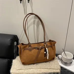 Vintage Faux Suede Tote Bag For Women Minimalist Shoulder Bag With Belt Buckle And Beaded Pendant Korean Underarm Bag For Commuting