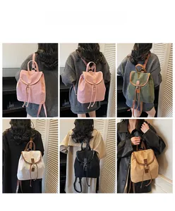 Collage showing various colors of casual drawstring backpacks on a model for size perspective