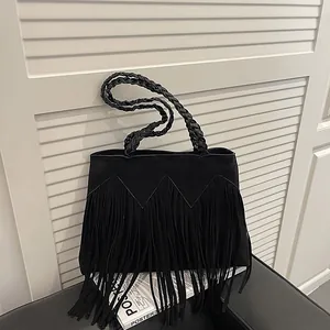 Sac Cabas Bohème à Franges pour Femmes Poignée Tressée Aspect Suédine Sac à Épaule Grande Capacité Vintage Sac à Main à Gland