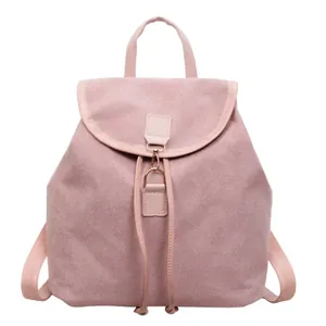 Mochila rosa minimalista de ante sintético para mujer con cordón y cierre de gancho