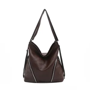 Grande borsa tote marrone scuro in ecopelle vintage con cerniere argentate per donna