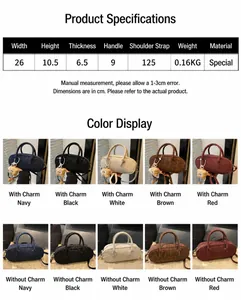 Size chart for women's minimalist baguette bag showing dimensions and various colors