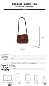 Size chart for brown PU hobo bag with dimensions 22.5x17x8.5cm and capacity details