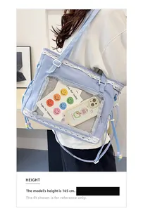 Detail of light blue tote bag featuring white lace trim and transparent insert pocket
